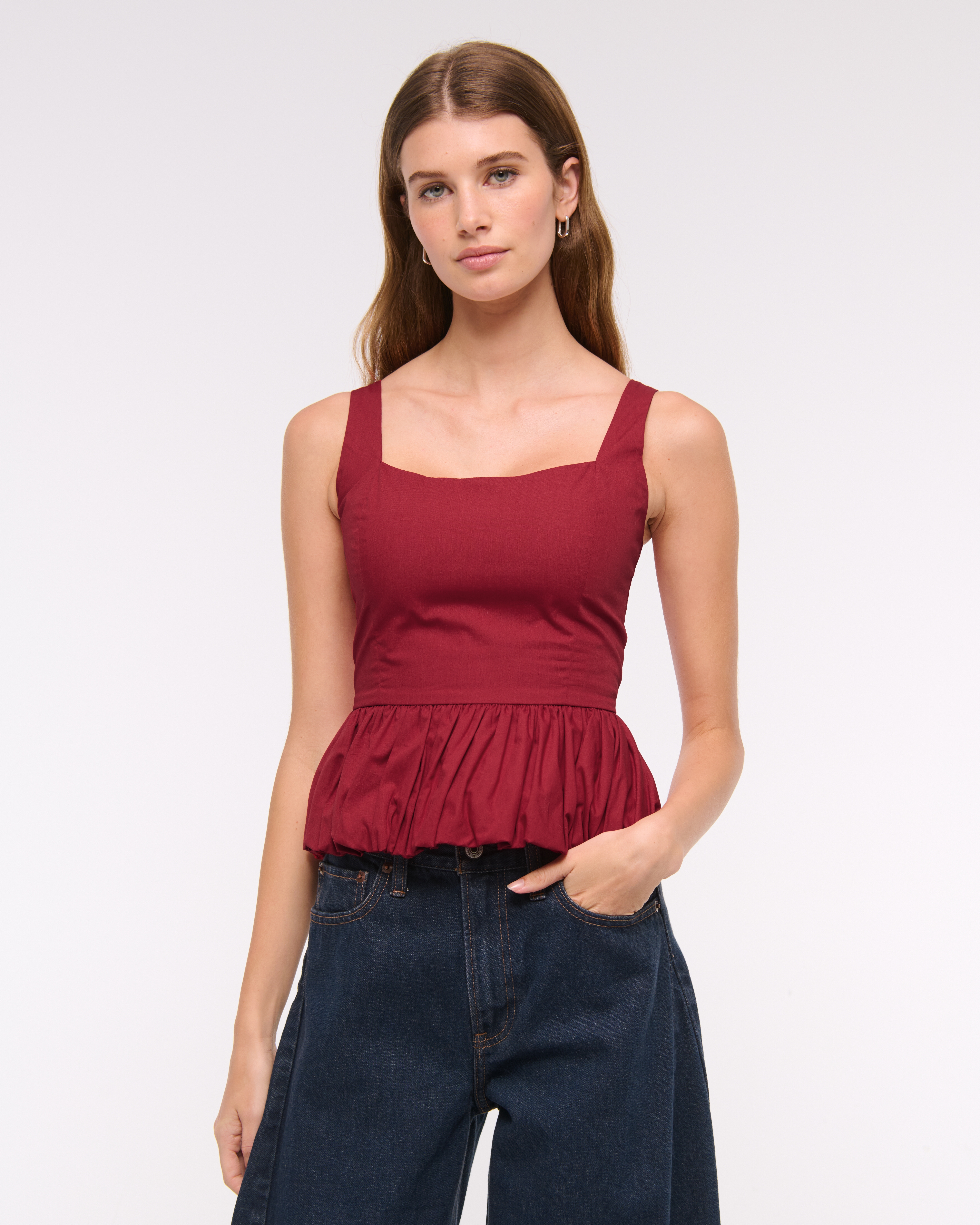 Abercrombie & Fitch Poplin Bubble Hem Tank In Red