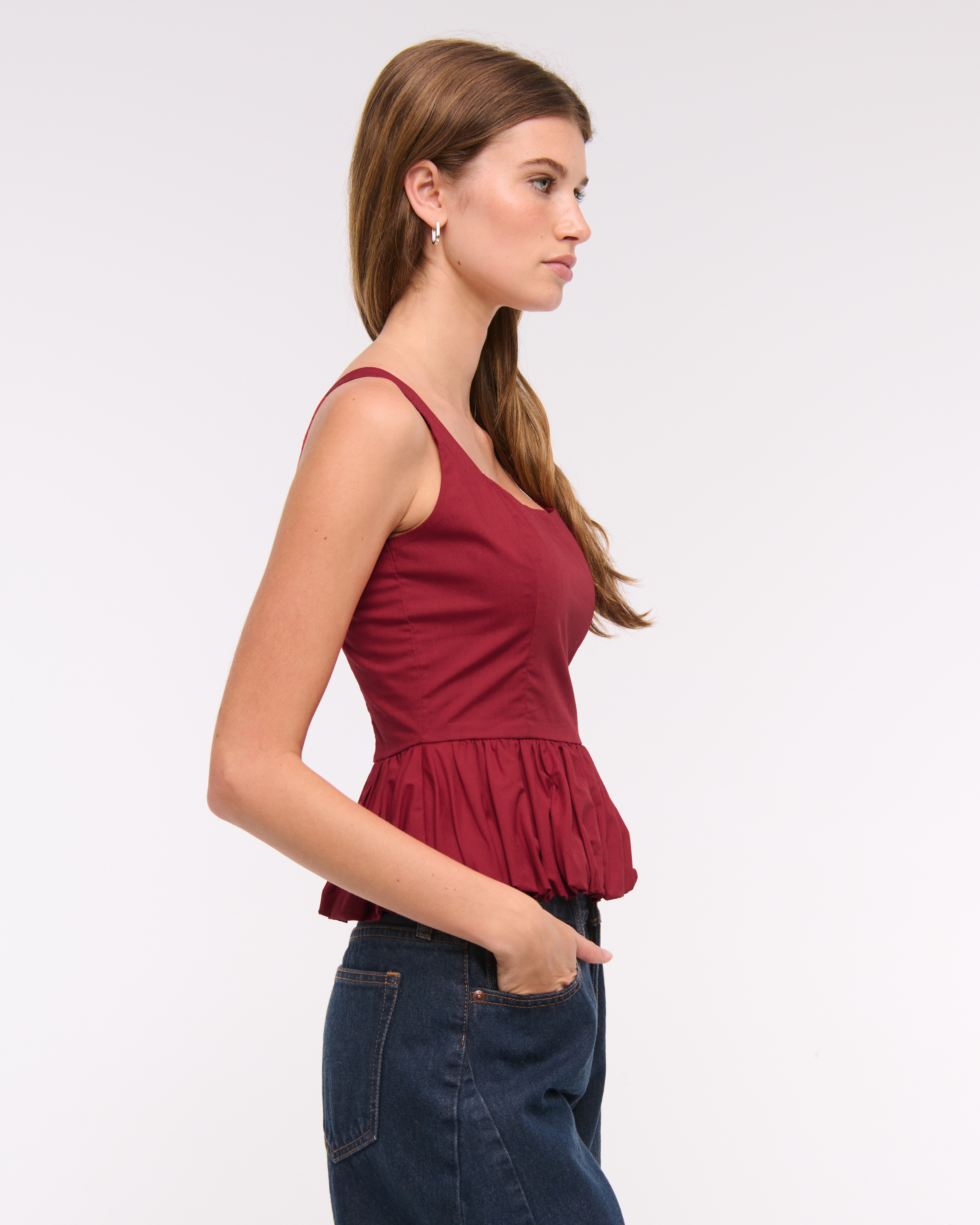 Abercrombie & Fitch Poplin Bubble Hem Tank In Red