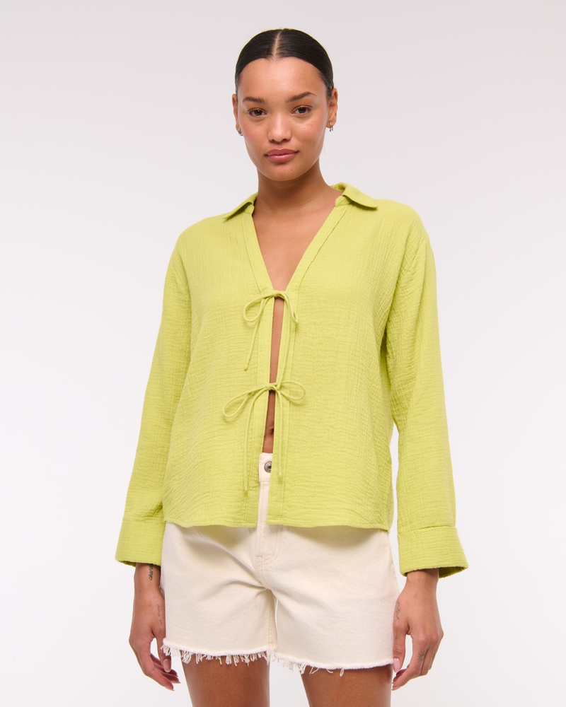 Long-Sleeve Oversized Tie-Front Gauzy Shirt