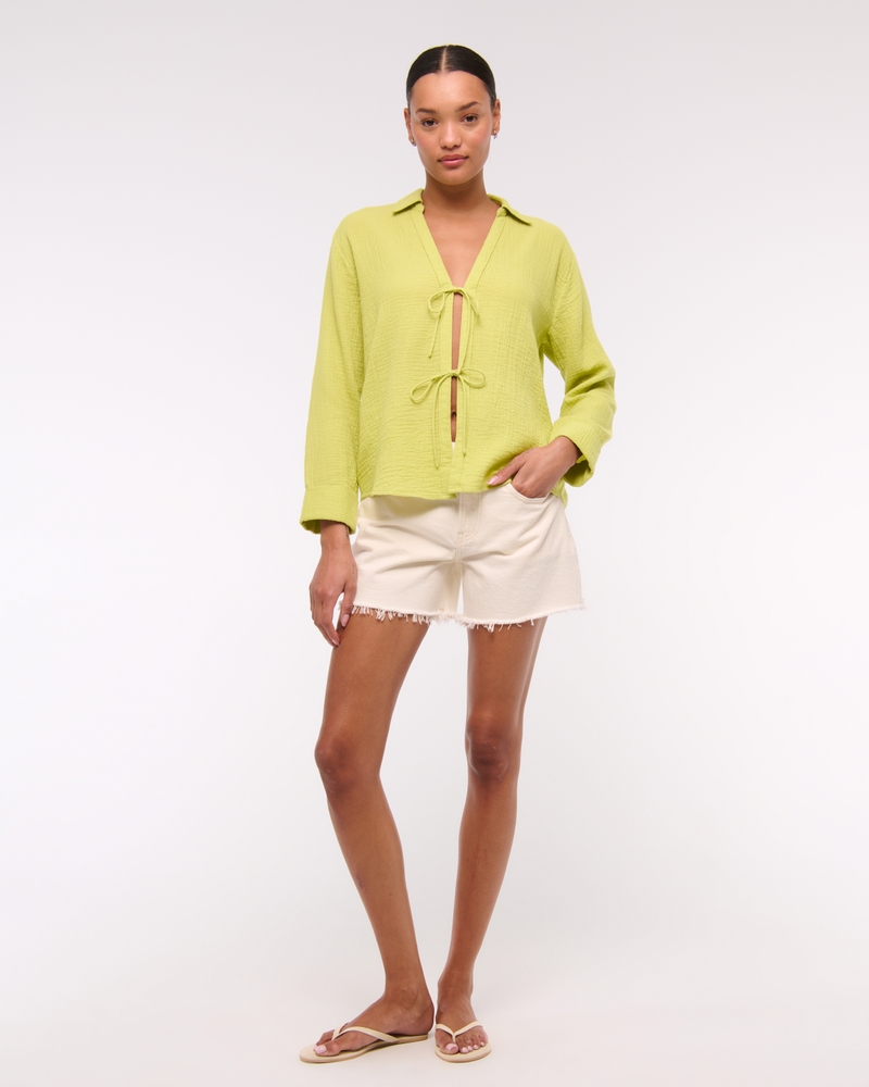 Long-Sleeve Oversized Tie-Front Gauzy Shirt