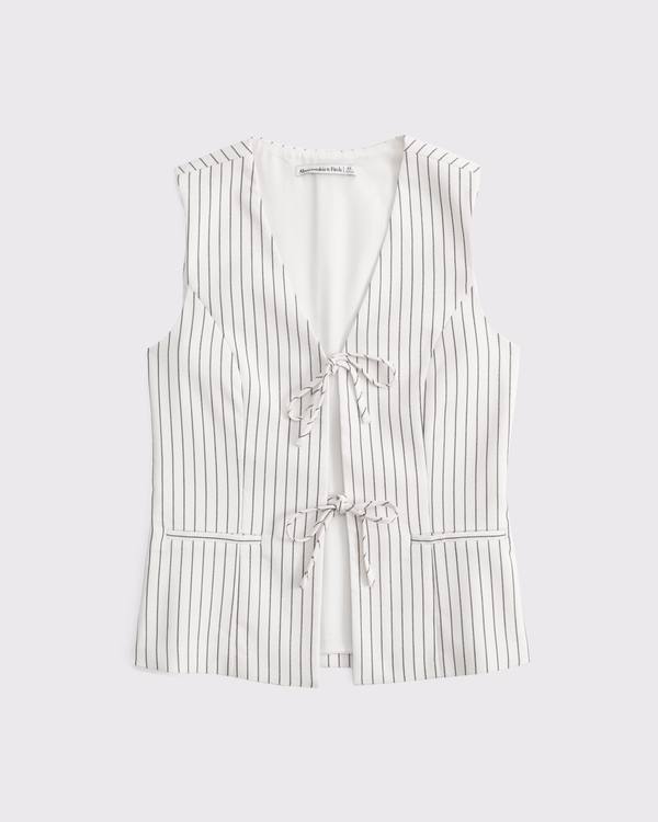 Tie-Front Tailored Vest, Cream Pinstripe view 1