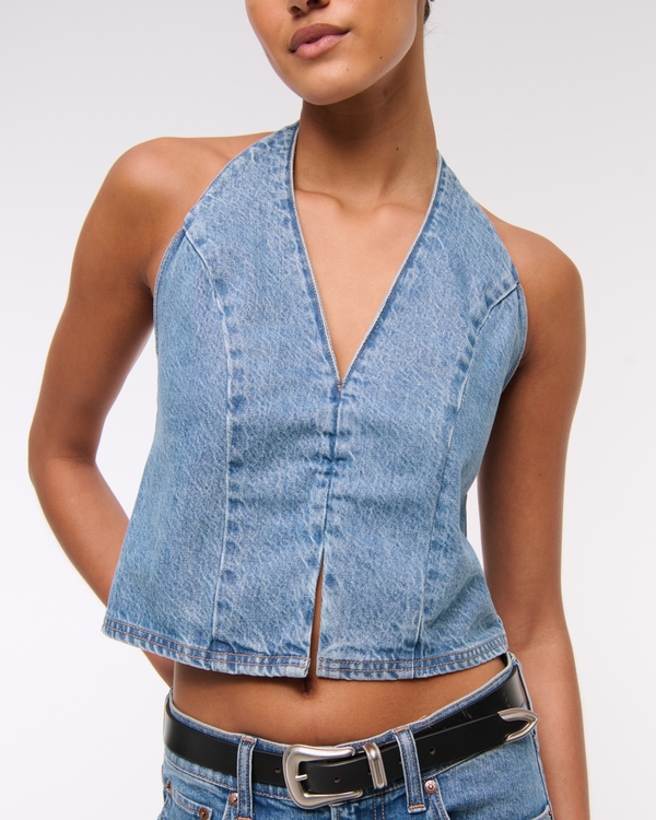 Denim Halter Vest, Medium Wash view 1