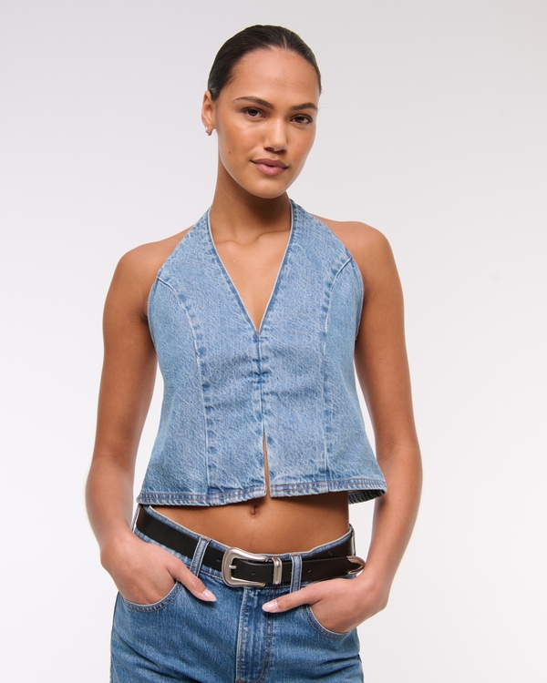Denim Halter Vest, Medium Wash view 2