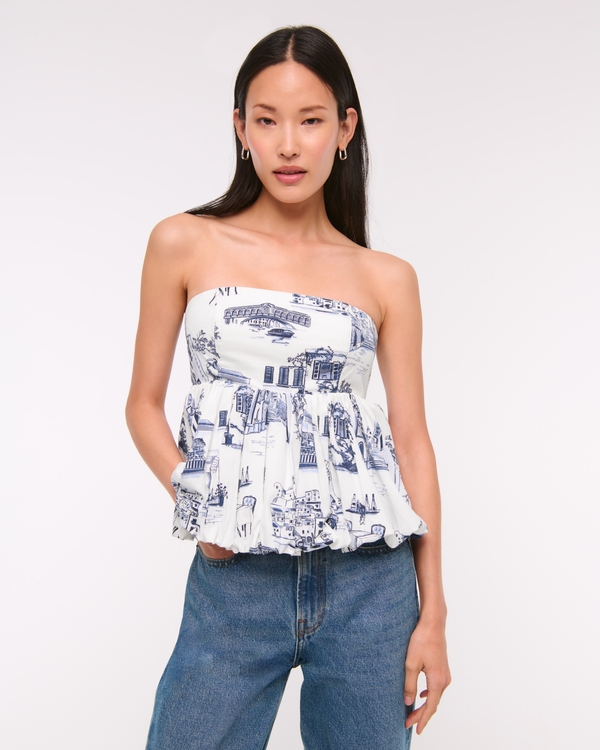 Strapless Bubble Hem Top, Blue Print view 1