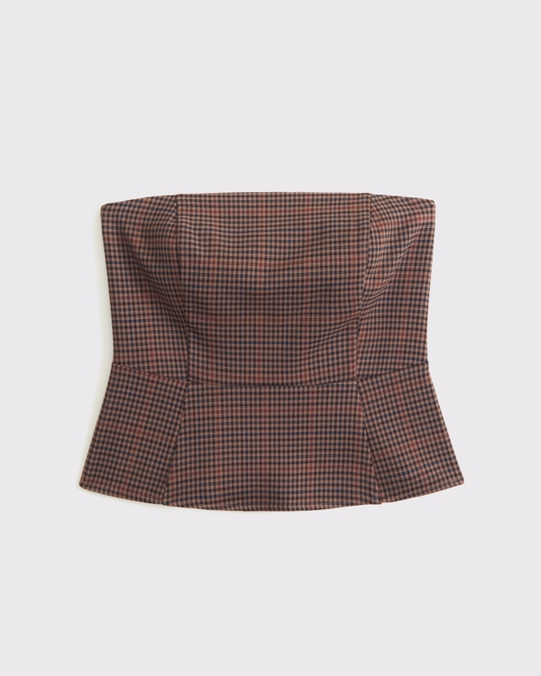 Strapless Tailored Peplum Top, Brown Plaid view 1