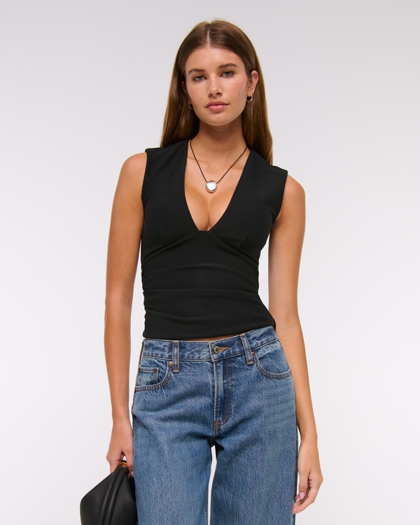 Bra-Free Plunge Ruched Top, Black view 1