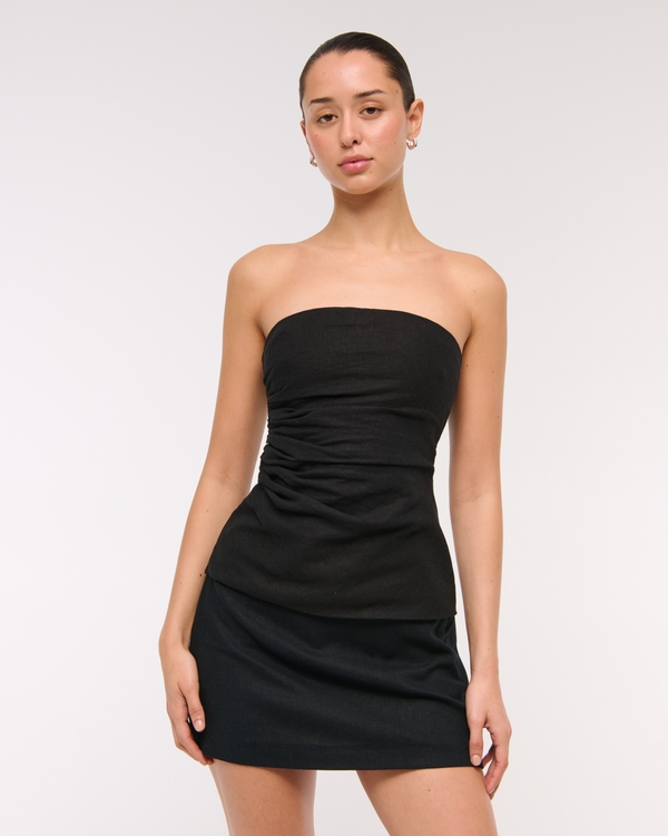Linen-Blend Tube Top, Black view 1