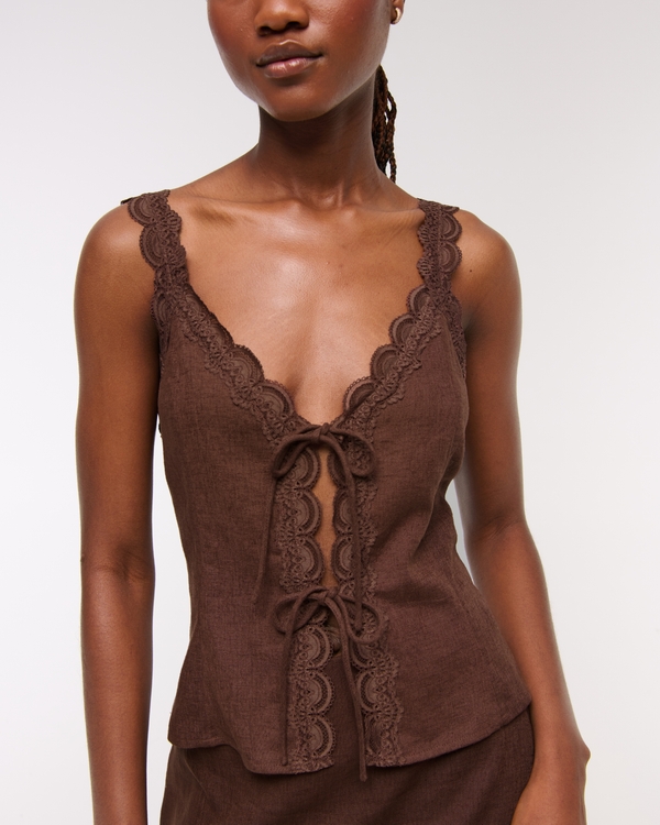 Lace-Trim Tie-Front Peplum Top, Brown view 1