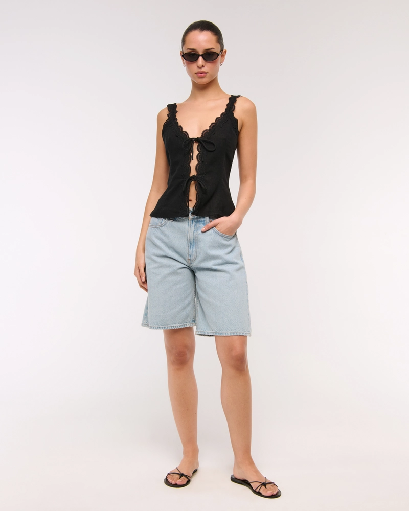 Lace-Trim Tie-Front Peplum Top
