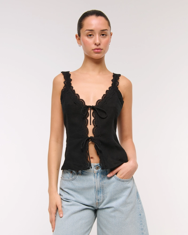 Lace-Trim Tie-Front Peplum Top