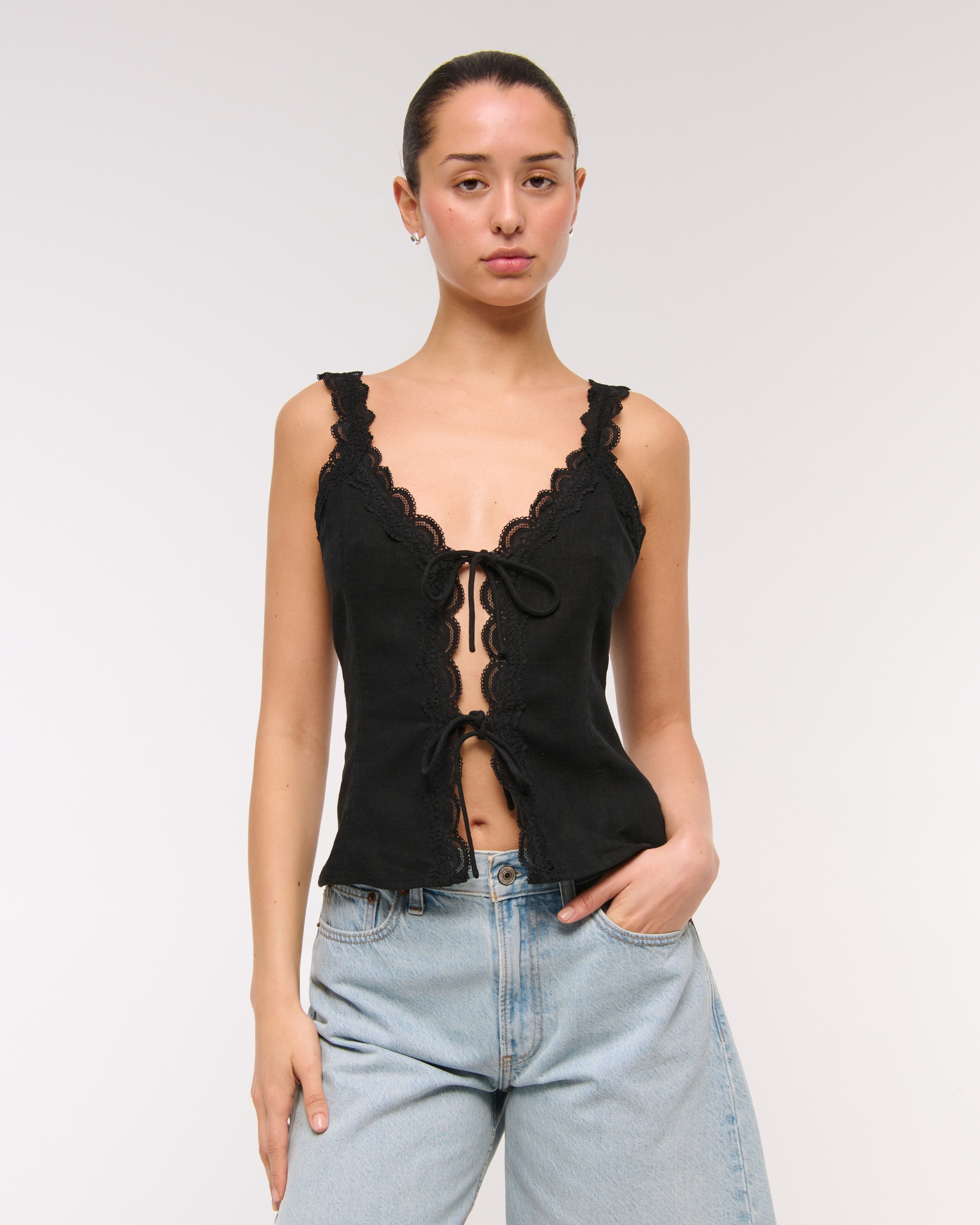 Lace-Trim Tie-Front Peplum Top