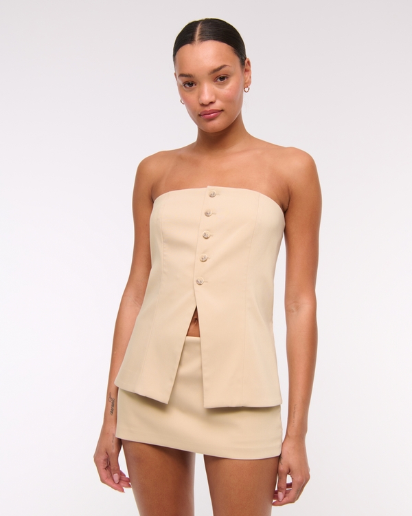 Strapless Button-Through Vest, Light Brown view 1