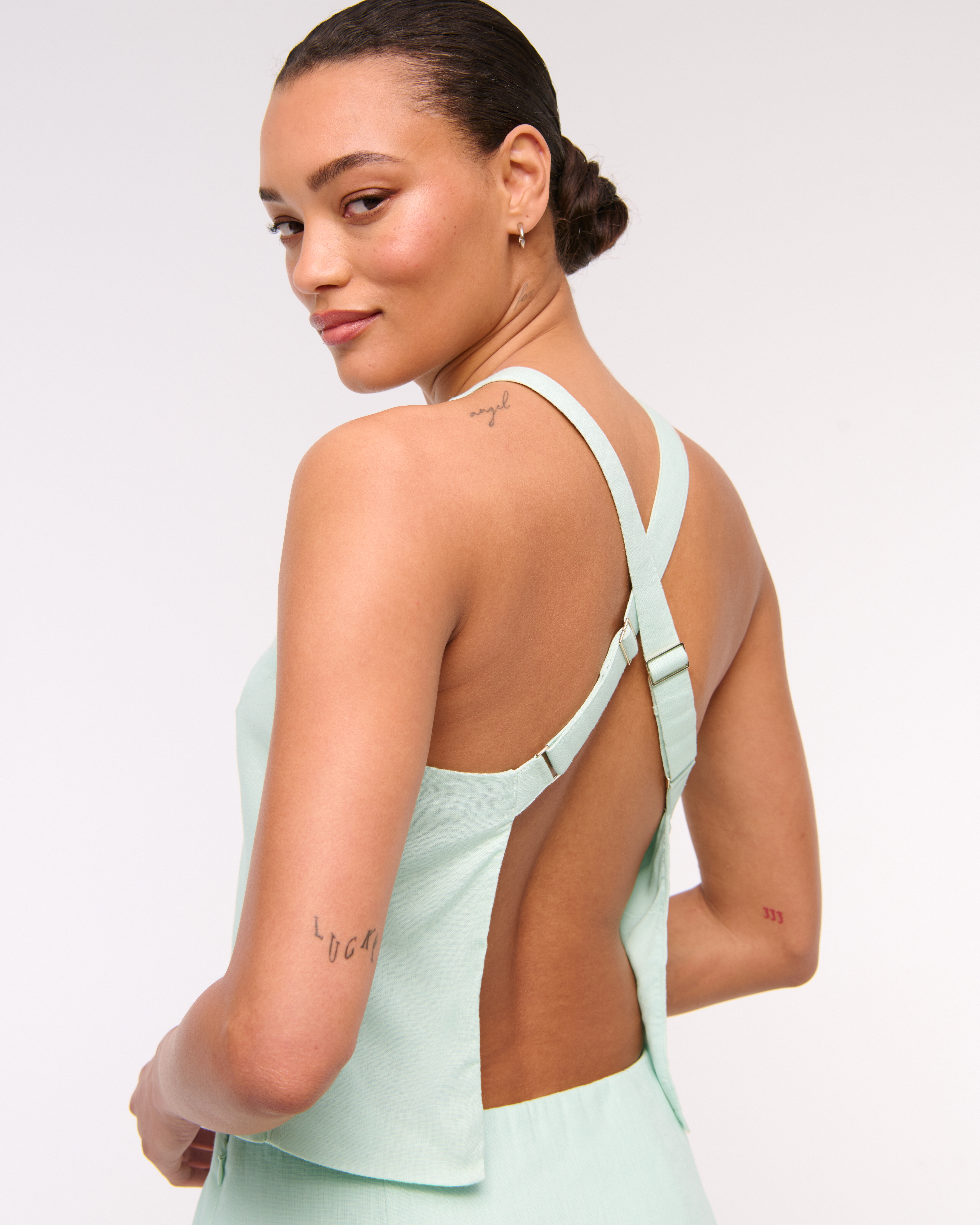 Abercrombie & Fitch Linen-blend Open-back Set Top In Blue