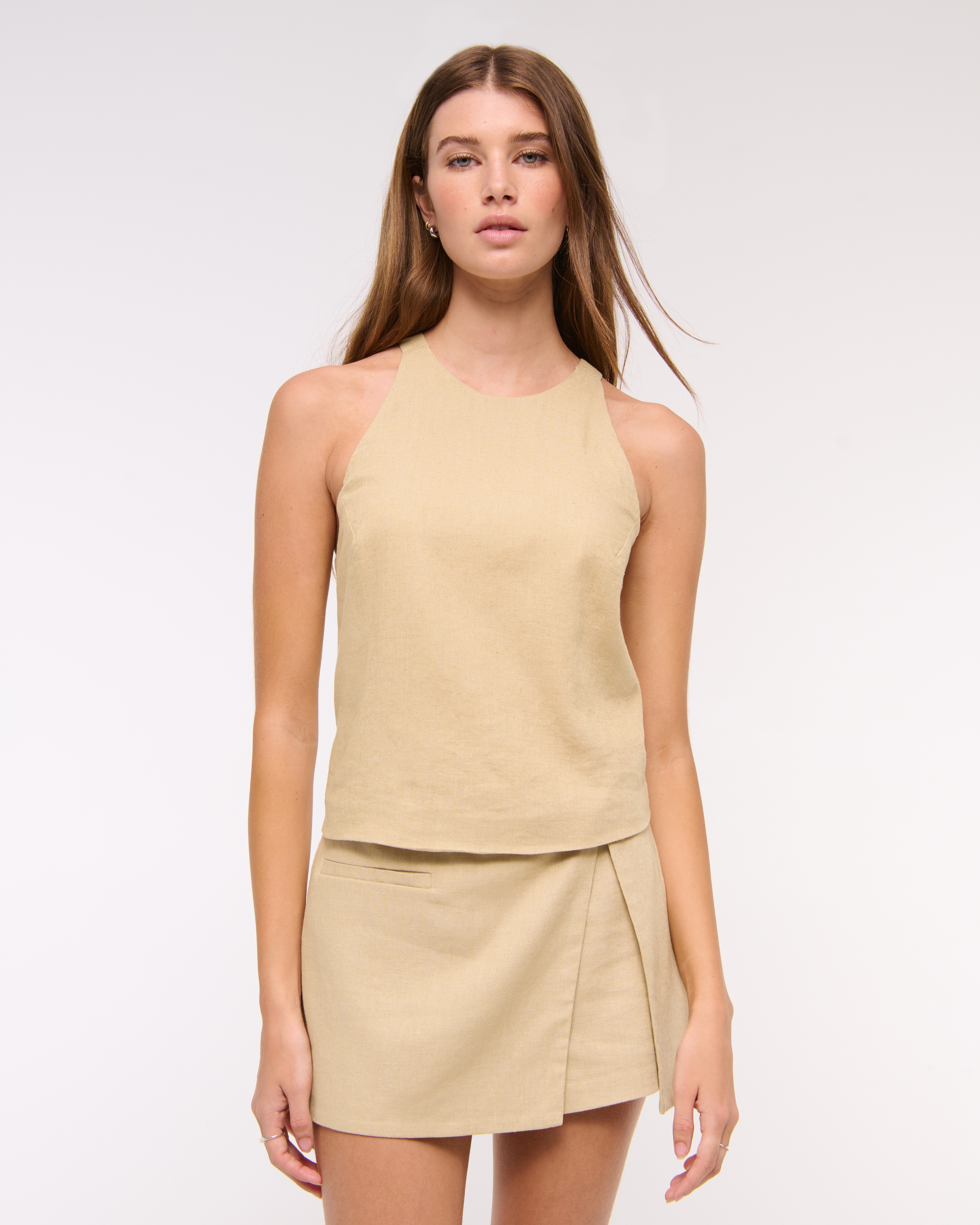 Abercrombie & Fitch Linen-blend Open-back Set Top In Gold