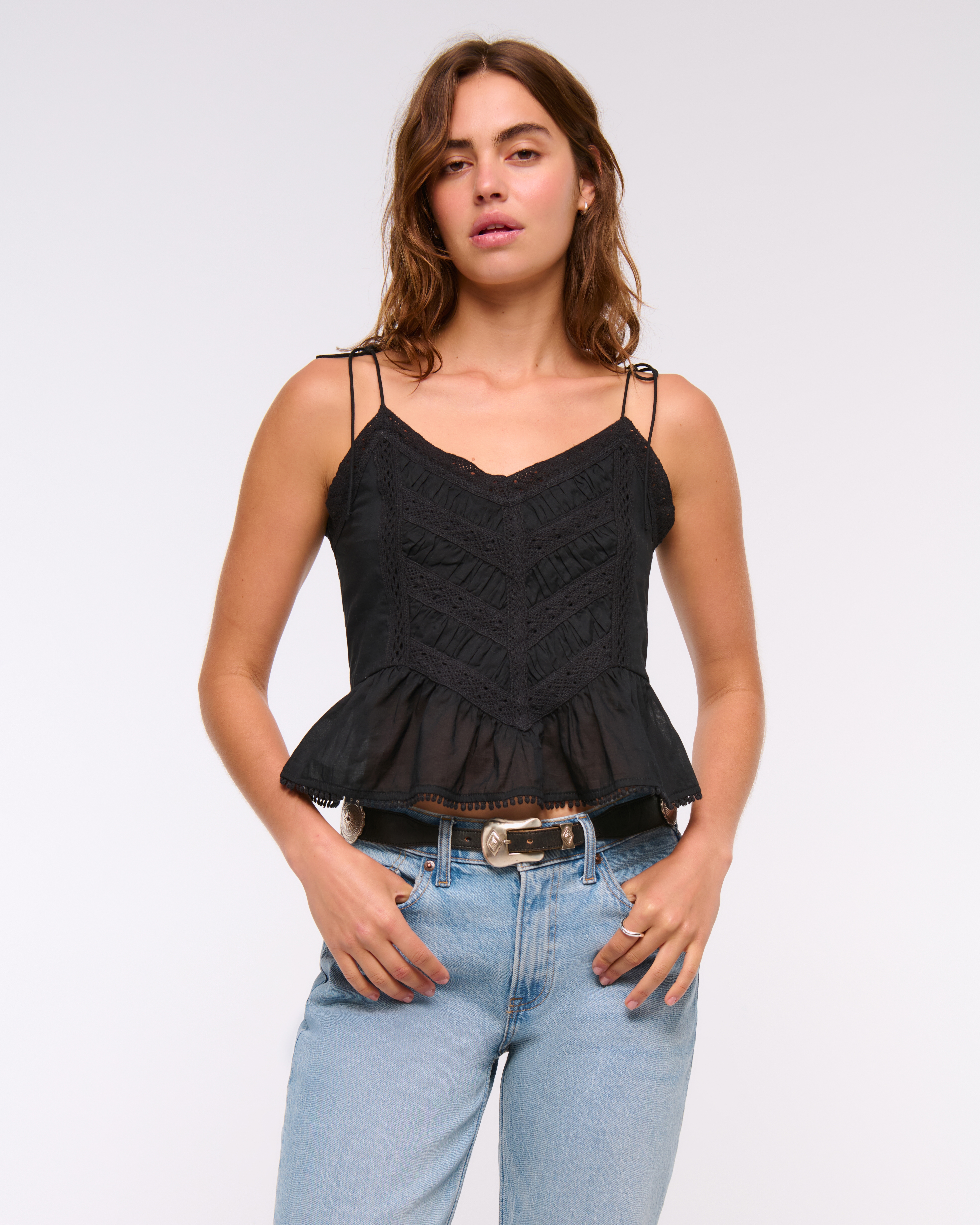 Abercrombie & Fitch Lace-trim Tie-strap Cami In Black