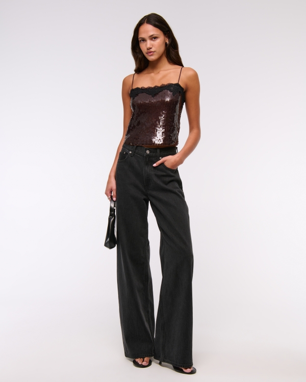 Sequin Squareneck Cami, Dark Brown Sequin view 2