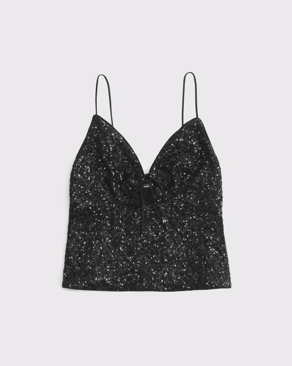 Tie-Front V-Neck Cami, Black Sequin view 1