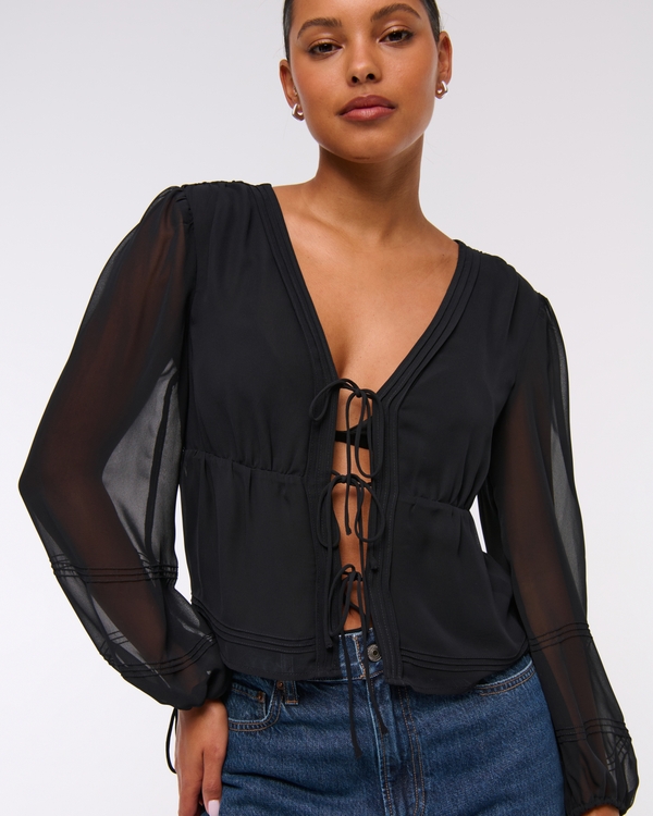Long-Sleeve Tie-Front Sheer Top, Black view 1