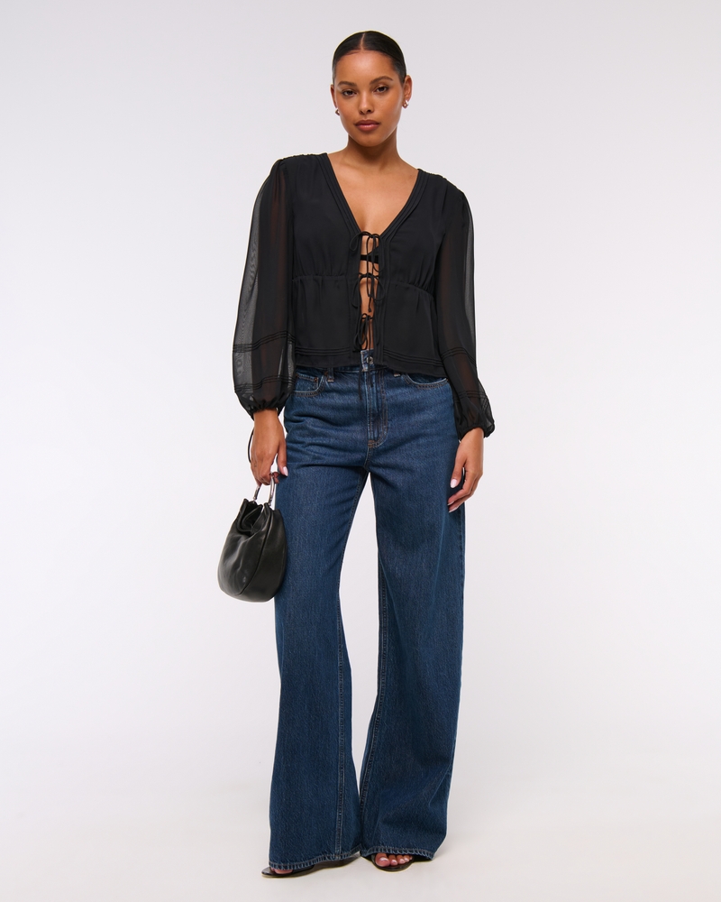 Long-Sleeve Tie-Front Sheer Top