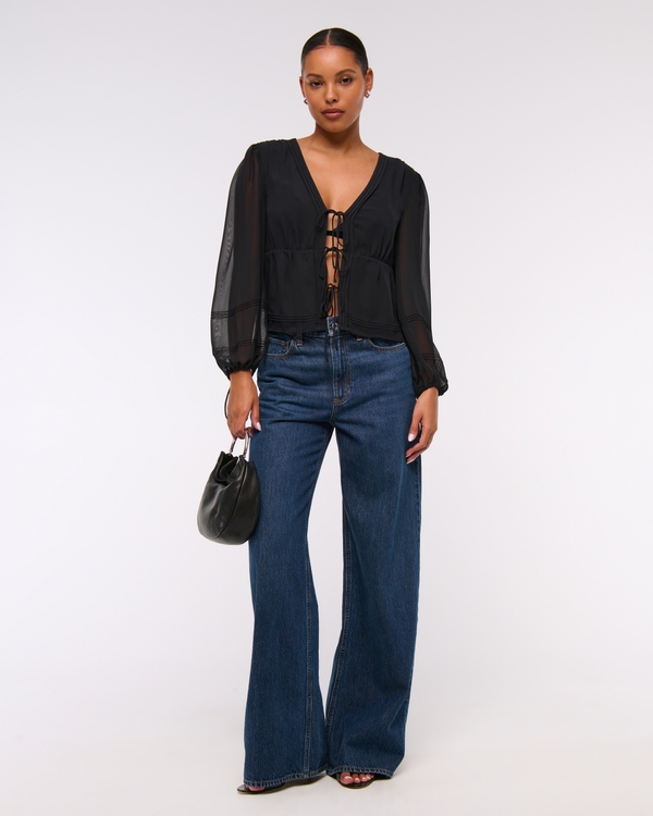 Long-Sleeve Tie-Front Sheer Top, Black view 2