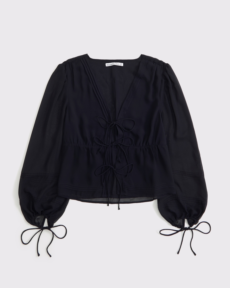 Long-Sleeve Tie-Front Sheer Top