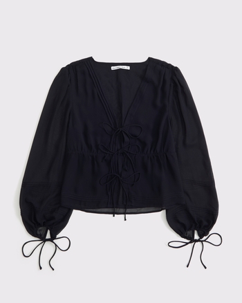 トップス oll / sheer wool long sleeve with tie Motel zerlin floral flocked long sleeve sheer top in brown