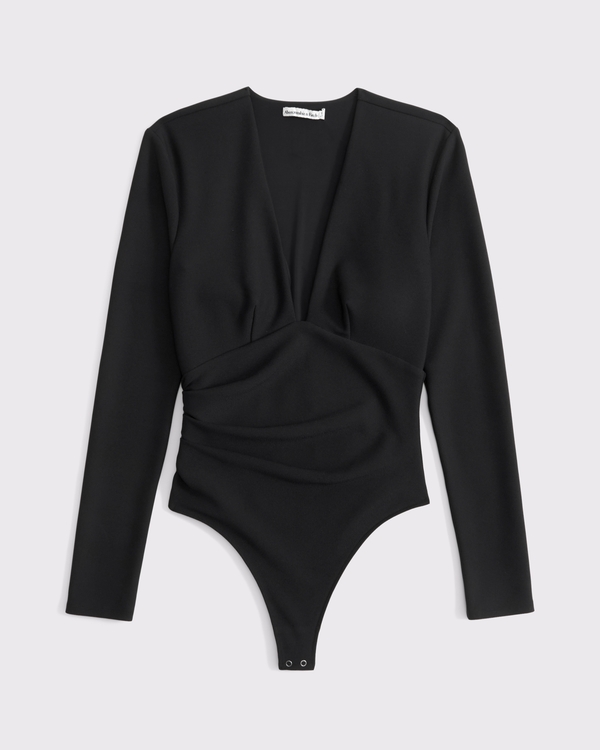 Long-Sleeve Ruched Plunge Bodysuit, Black view 1