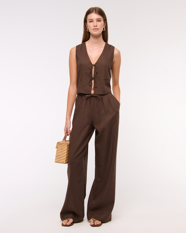 Tie-Front Linen-Blend Vest, Brown view 2