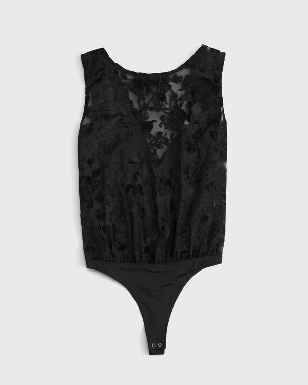 Sheer Texture Print Bodysuit, Black view 1