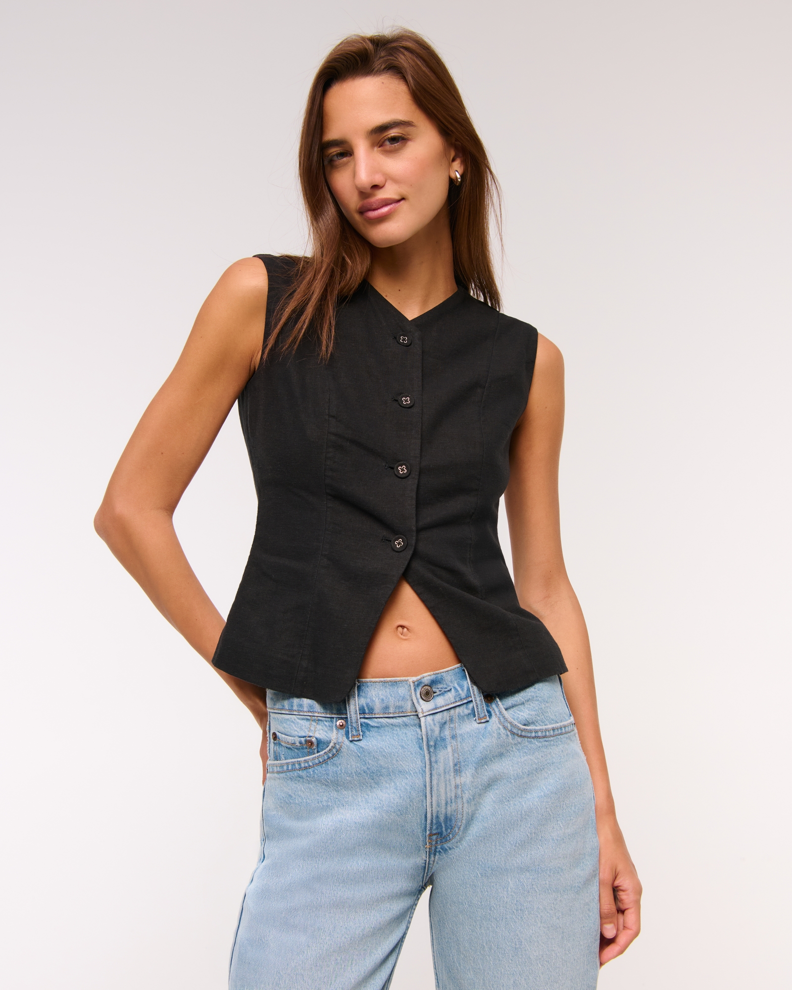 Linen-Blend Button-Through Vest