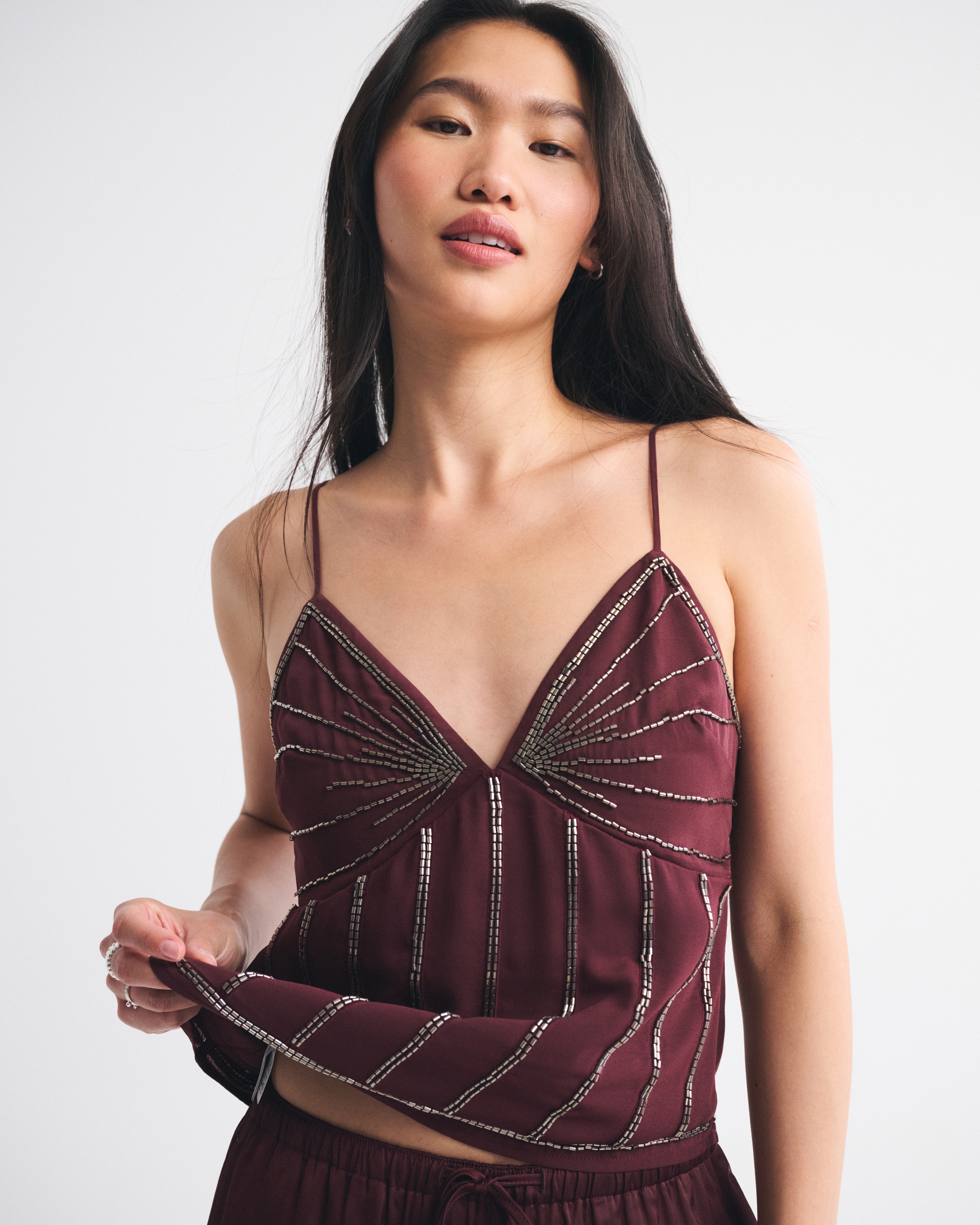 Abercrombie & Fitch V-neck Beaded Cami In Burgundy