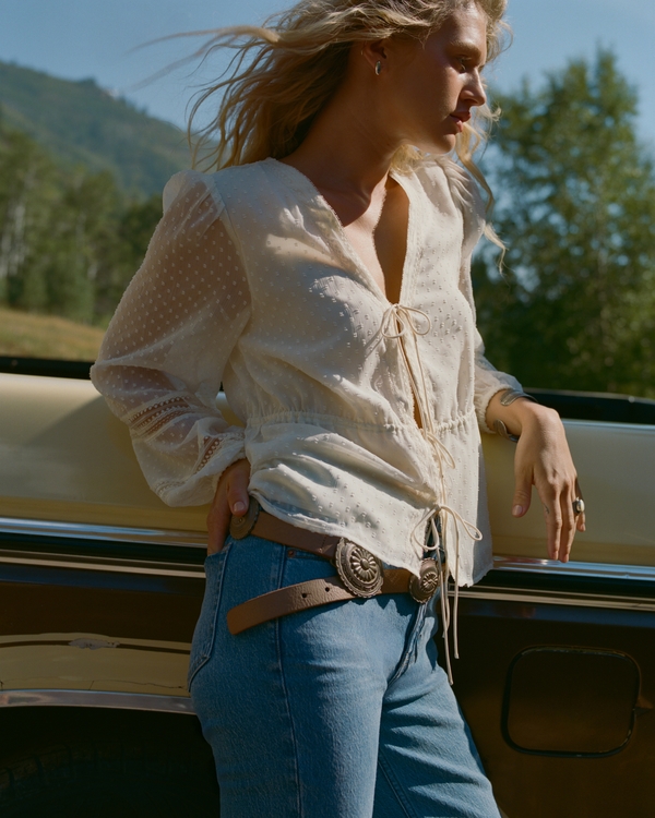 Long-Sleeve Tie-Front Top, Cream view 1