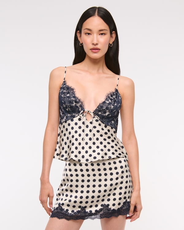 Lace and Satin V-Neck Cami, Cream Dot view 2