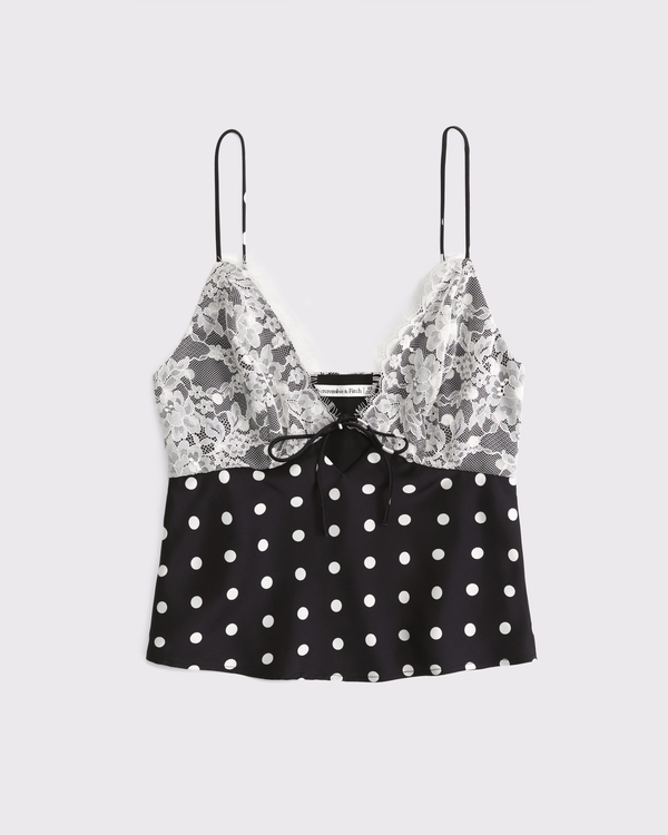 Lace and Satin V-Neck Cami, Black Dot view 1