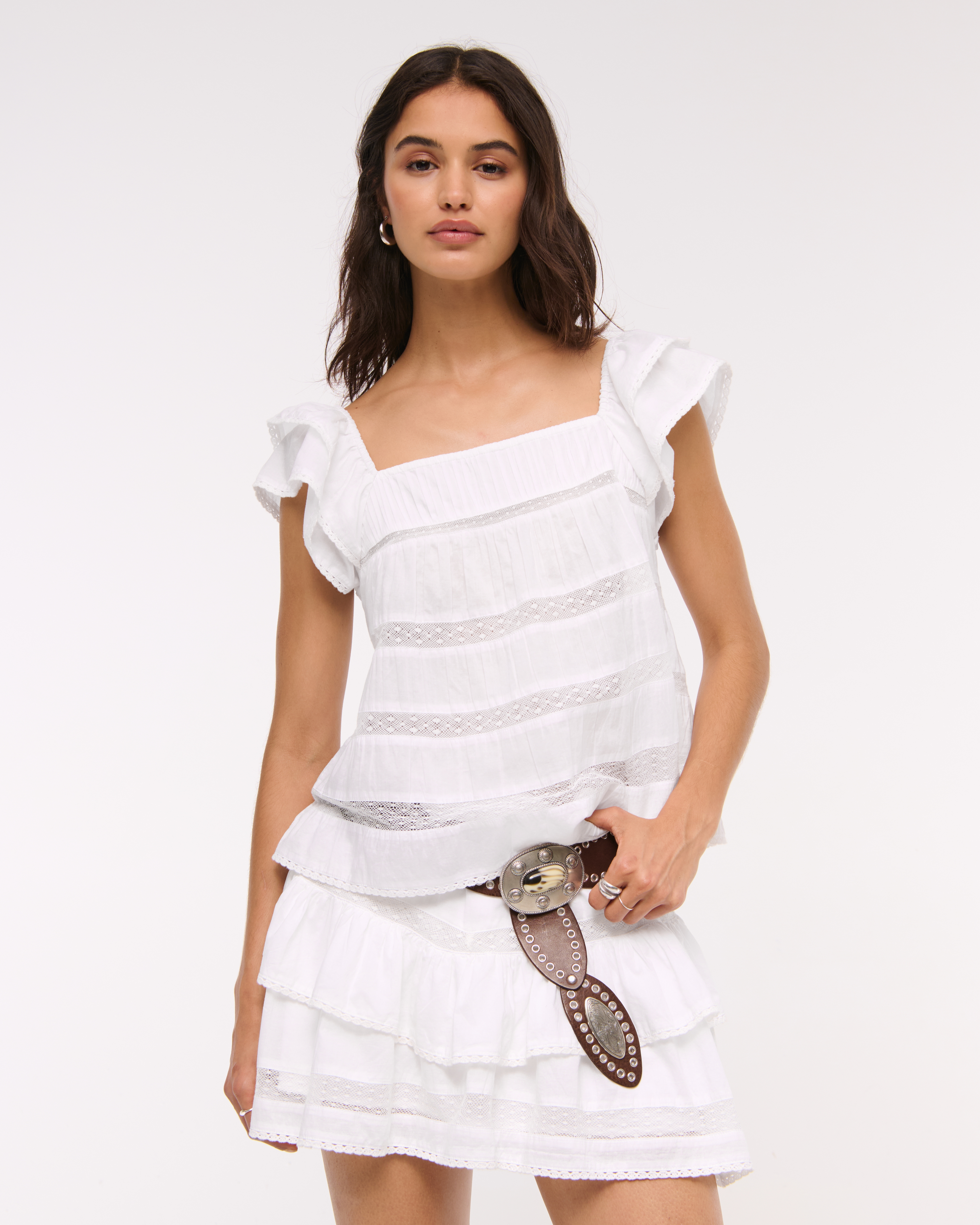 売れ筋商品|||ラッキーブランド カットソー トップス レディース Women's Textured Ruffle-Sleeve Babydoll Top Bright White Women's Scoop Neck Smocked Tops Ruffle Long Sleeve Textured