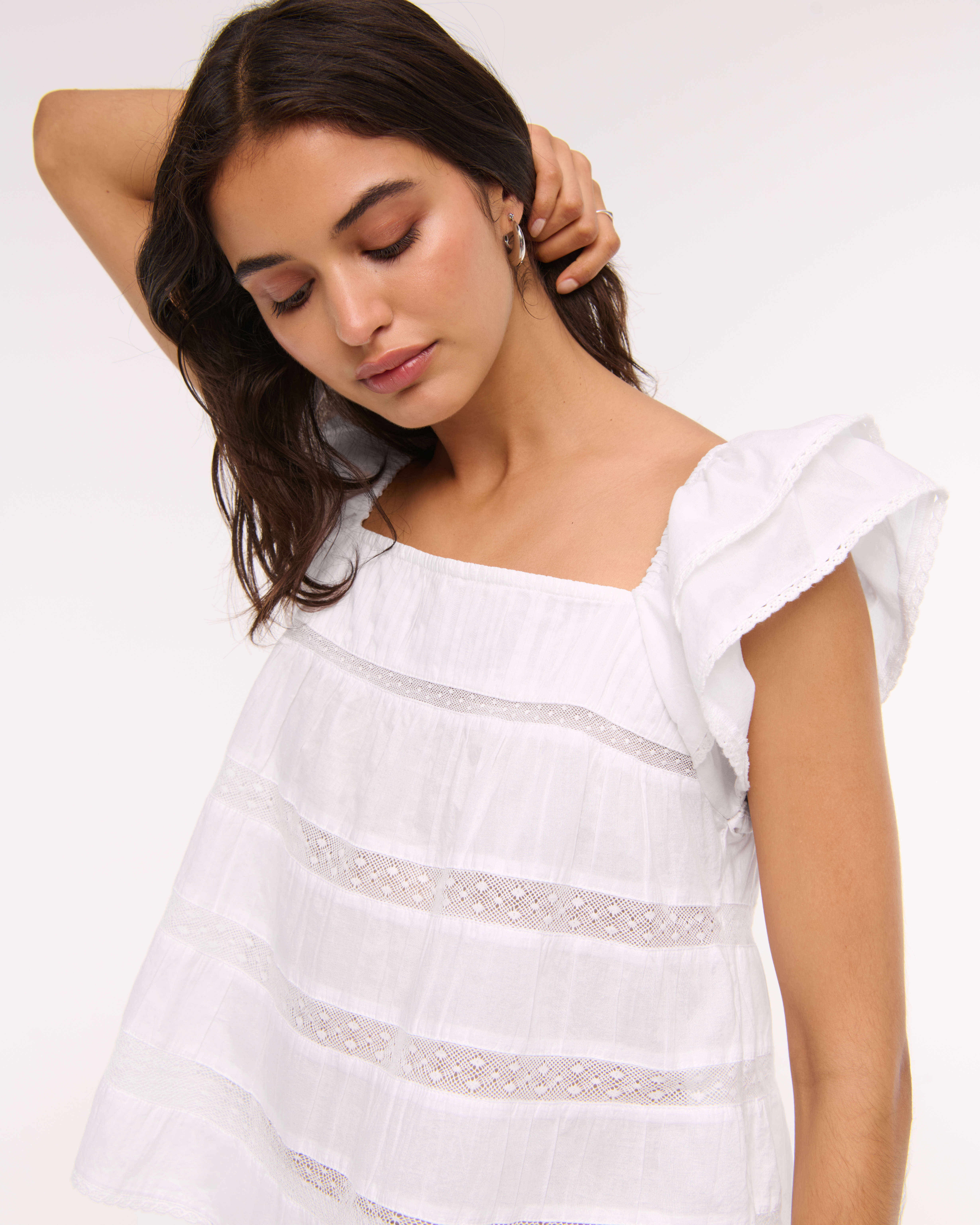 売れ筋商品|||ラッキーブランド カットソー トップス レディース Women's Textured Ruffle-Sleeve Babydoll Top Bright White 0731461580338NEW_00_010.jpg