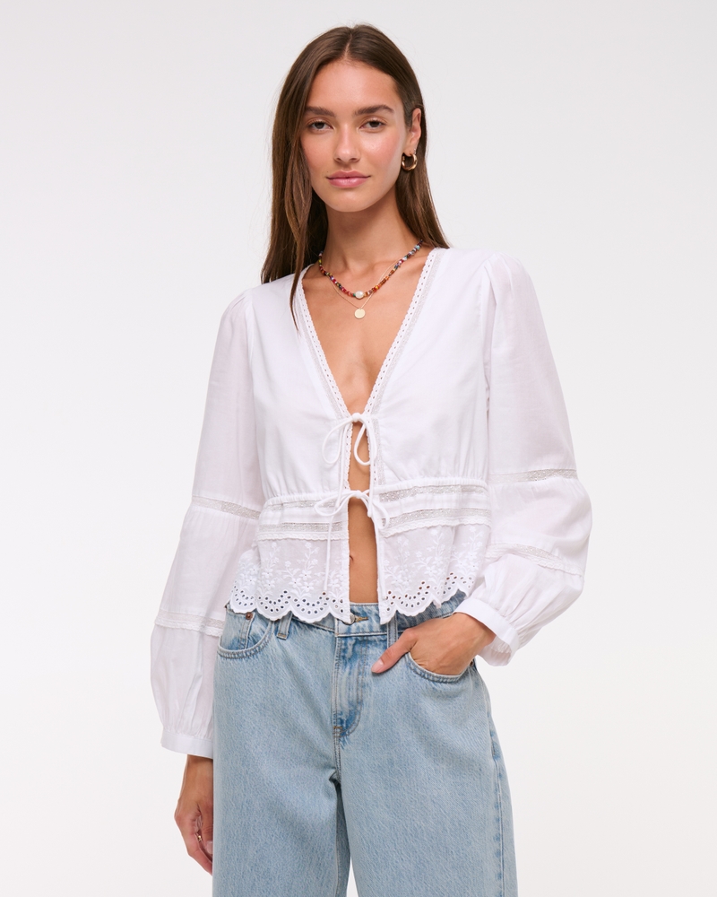 Long-Sleeve Lace Tie-Front Top