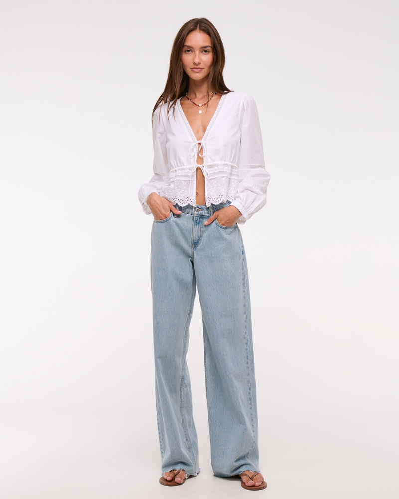 Long-Sleeve Lace Tie-Front Top