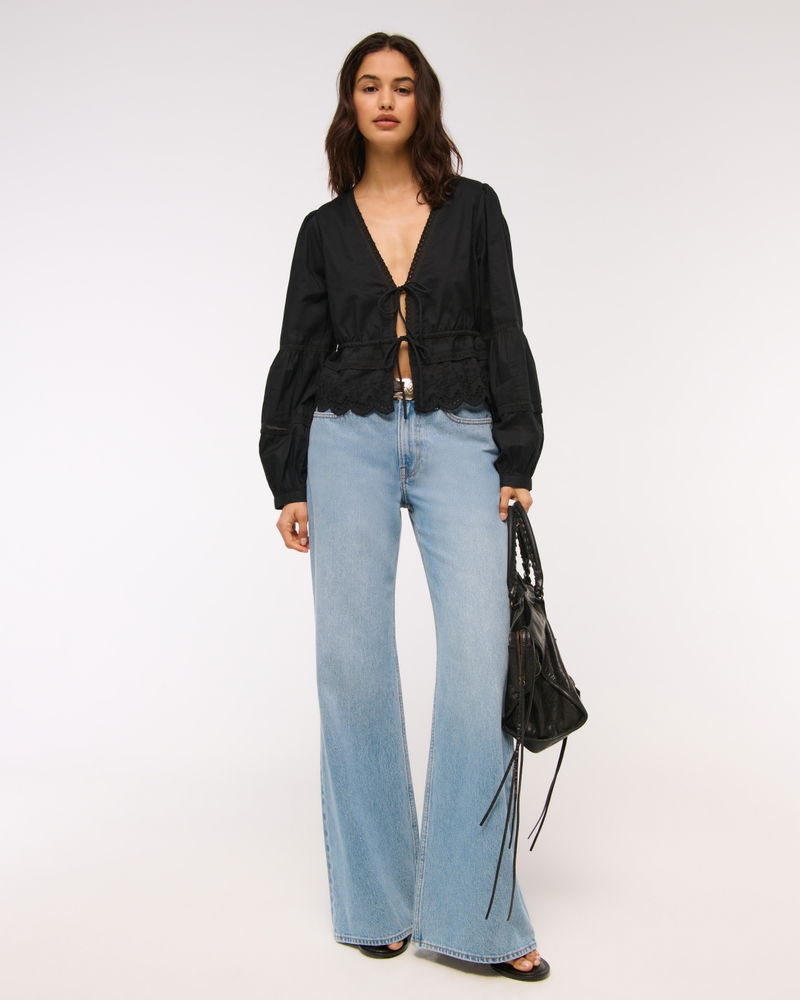 Long-Sleeve Lace Tie-Front Top