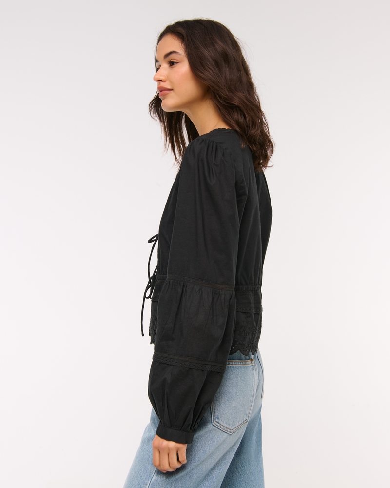 Long-Sleeve Lace Tie-Front Top