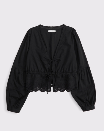 Long-Sleeve Lace Tie-Front Top