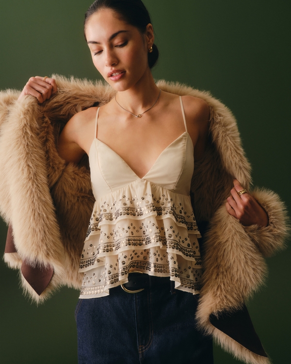 Sequin Tiered Cami, Beige view 1