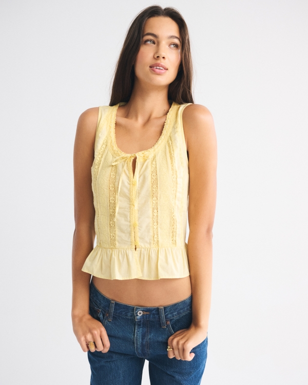 Button-Through Lace-Trim Top, Sunny Yellow view 1