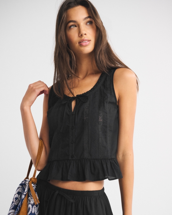 Button-Through Lace-Trim Top, Black view 1