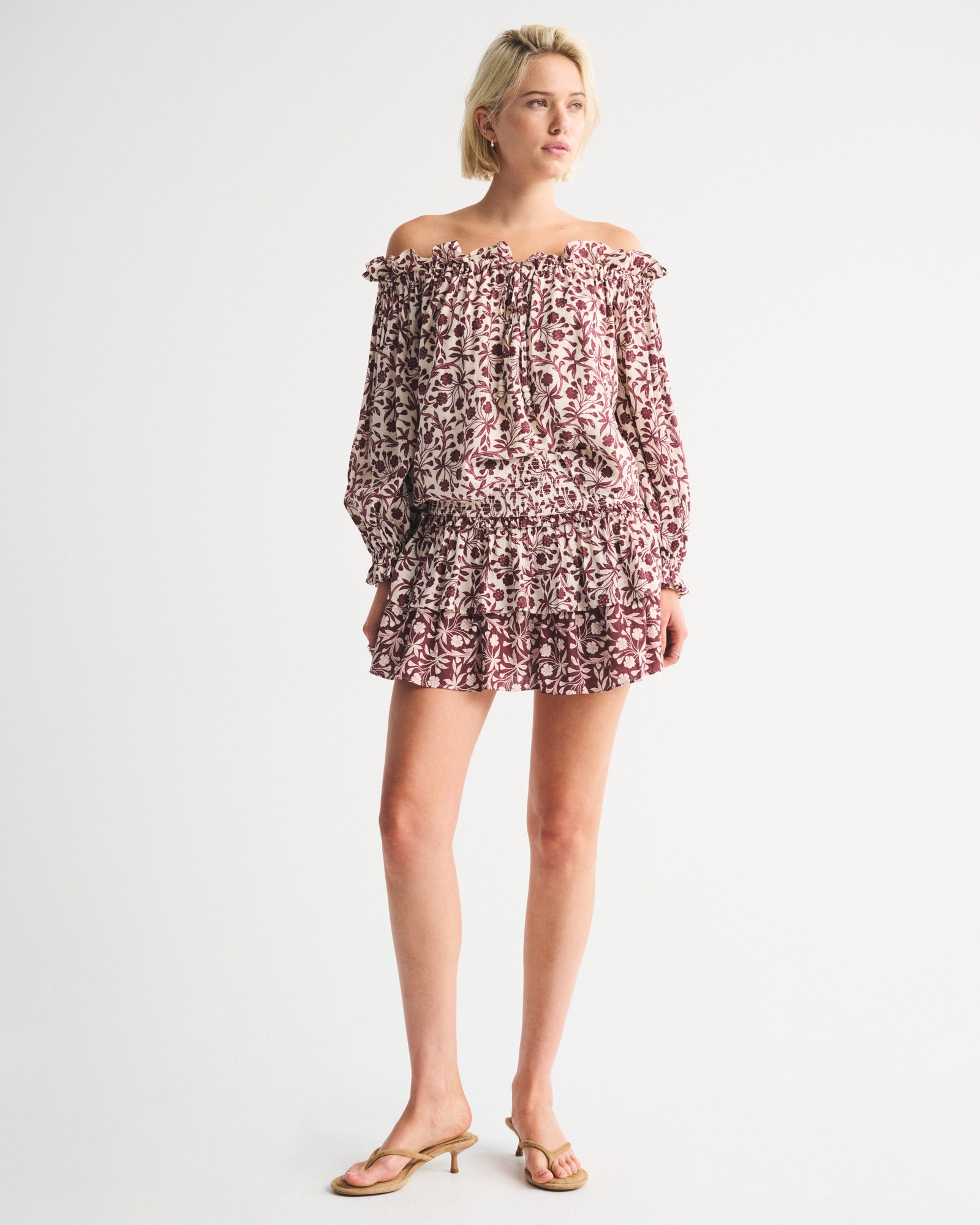 Crinkle Long-Sleeve Off-The-Shoulder Top