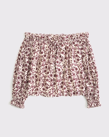 Crinkle Long-Sleeve Off-The-Shoulder Top