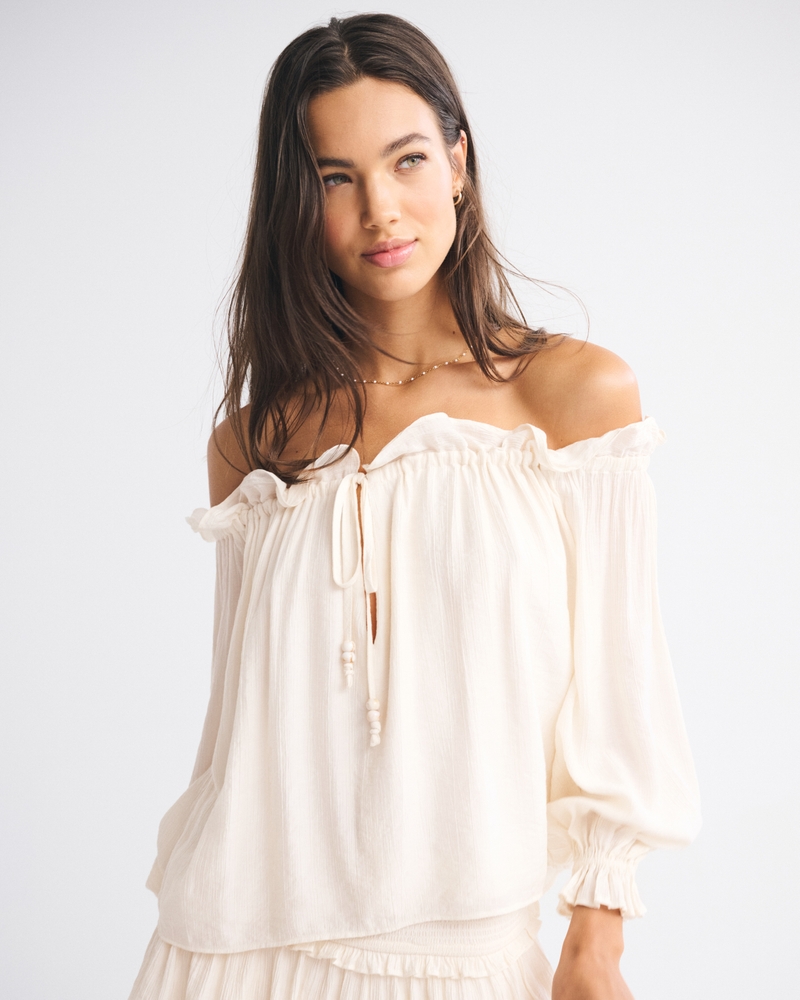 Crinkle Long-Sleeve Off-The-Shoulder Top