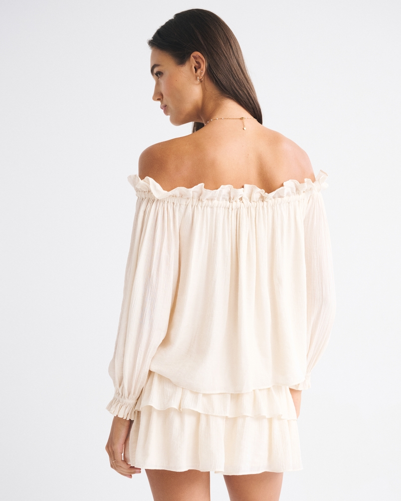 Crinkle Long-Sleeve Off-The-Shoulder Top