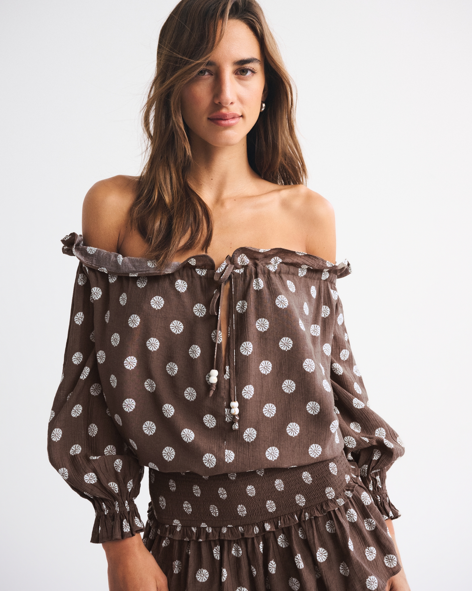 Crinkle Long-Sleeve Off-The-Shoulder Top