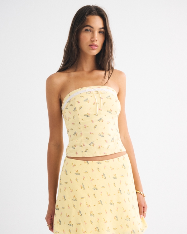 Linen-Blend Strapless Set Top, Yellow Floral view 1